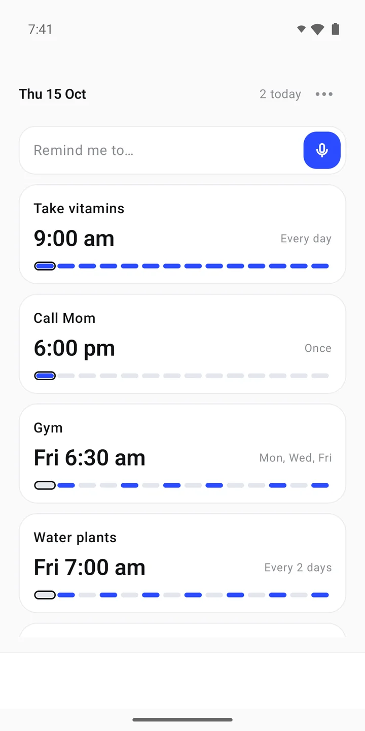 Minimalistic Reminder App home screen with reminder cards, times and a microphone button.
