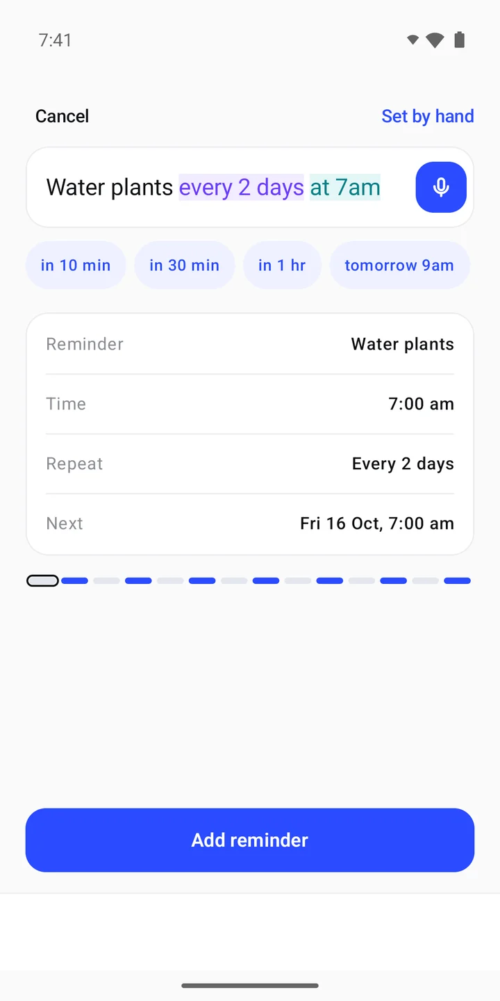 Minimalistic Reminder App add screen with a typed plant reminder and Time, Repeat and Next rows.