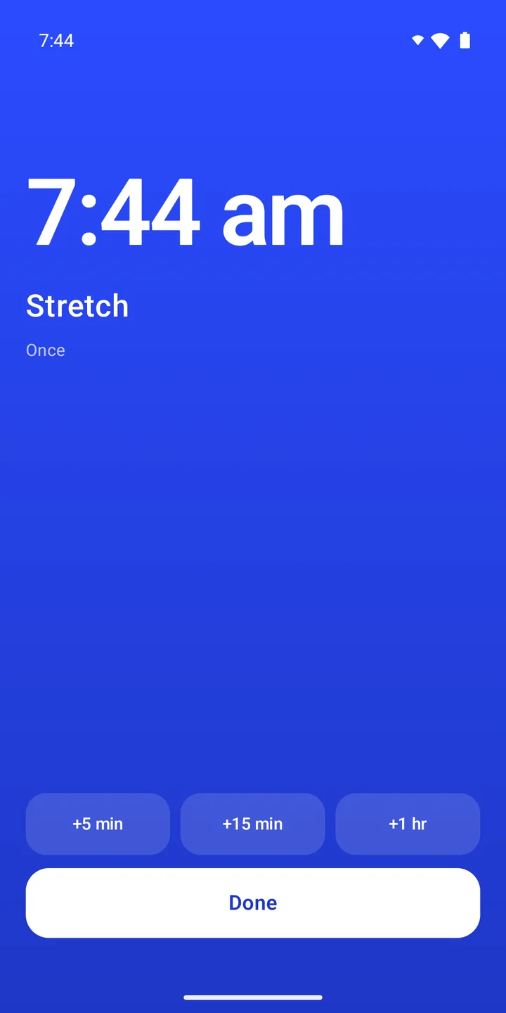 Minimalistic Reminder App blue reminder screen with the time, reminder text and Done button.